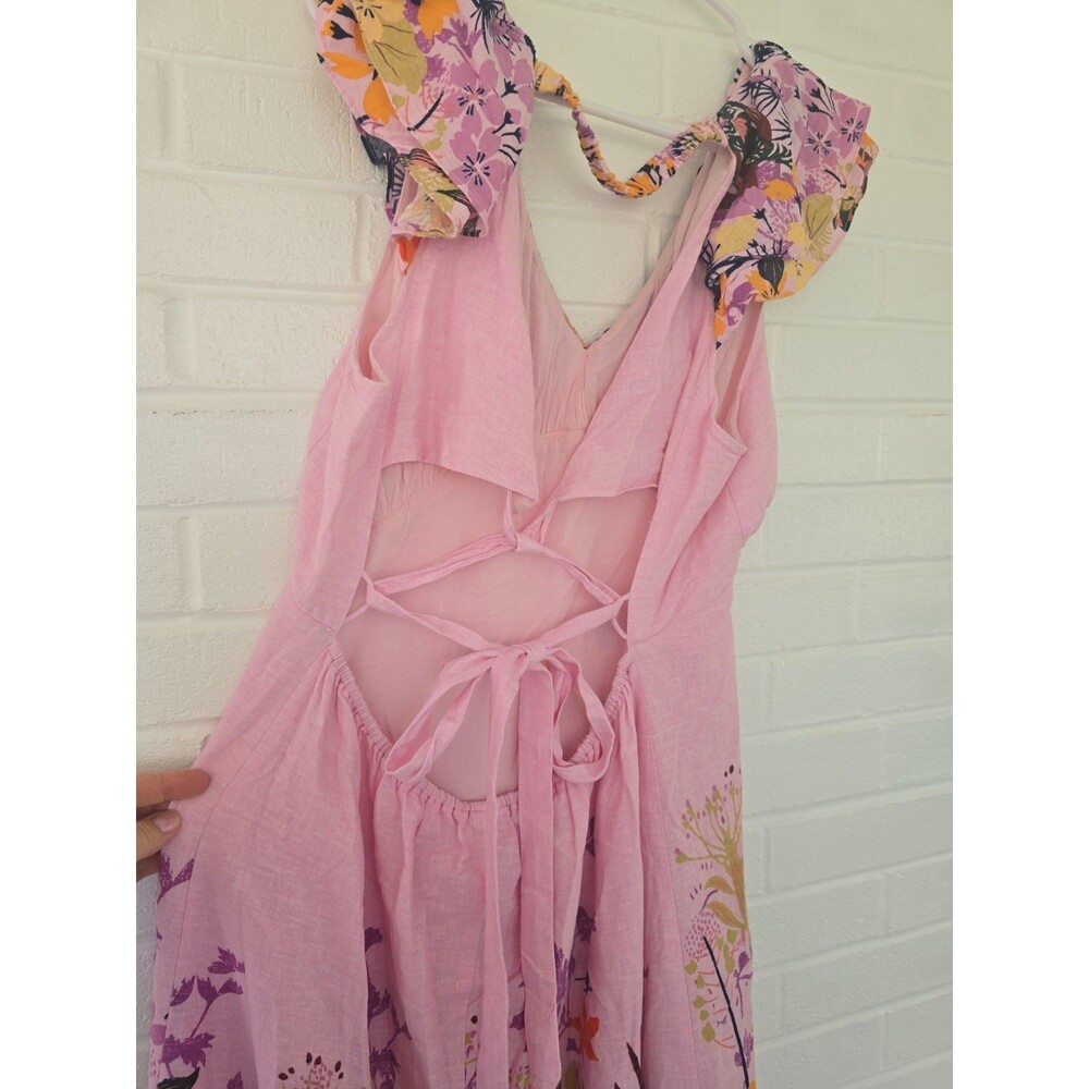 ANTHROPOLOGIE V-Neck Ruffle Linen Viscose Dress Size Large Pink Blue Floral - Picture 9 of 12